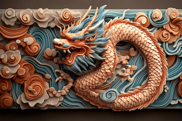 stunning 3D dragon sculpture featuring intricate details and vibrant colors, surrounded by swirling clouds and waves, showcasing traditional artistry and craftsmanship