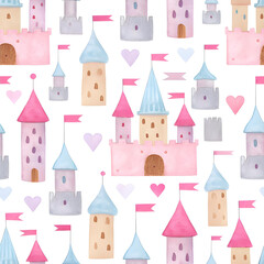 Wallpaper Design: Seamless Pattern of Pastel Castles with Heart Flags on a White Background
