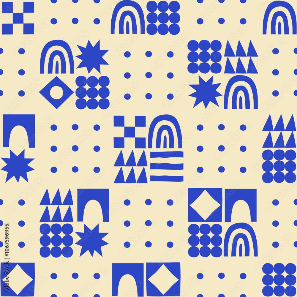 Poster Fun geometric shape seamless pattern. Abstract retro scandinavian style art background, trendy design with geometry shapes. Simple mosaic wallpaper texture.