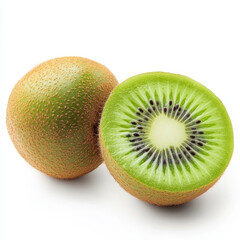 Fototapeta premium A single ripe kiwi sliced in half, isolated on a white background, highlighting a tropical fruit