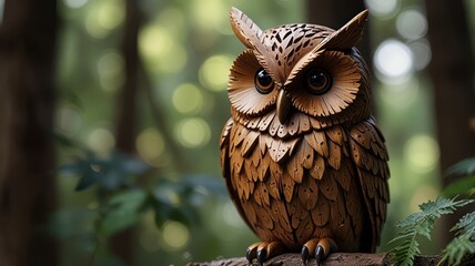 Handmade wooden owl statue. The details on the statue, including the texture of the feathers, the shape of the beak, and the sharp eyes, create a sense of realism and lifelike quality.
