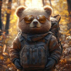 Charming Bear with Sunglasses and a Backpack Enjoying a Hike