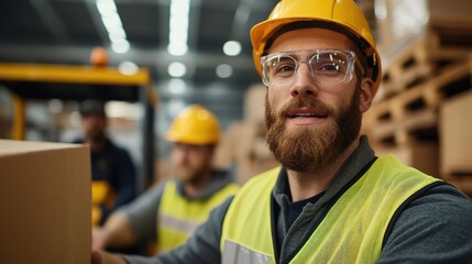 A diligent worker with protective gear holds a box and looks attentively, surrounded by warehouse activity and another employee in the background.