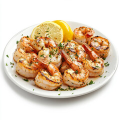 A plate of grilled shrimp with lemon, isolated on a white background, emphasizing a seafood entrÃ©e