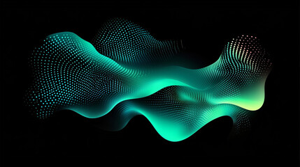 Glowing green cyan light wave patten in black background grainy gradient noise texture poster banner backdrop abstract design