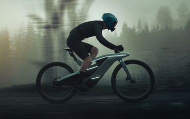 Obraz premium Electric Bike Rider in Misty Forest: A cyclist speeds down a forest road on a sleek, futuristic electric bike, the misty atmosphere adding to the sense of adventure and speed.