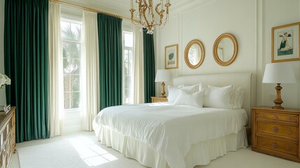 Fototapeta premium Luxurious Bedroom Interior with Green Curtains and White Bedding