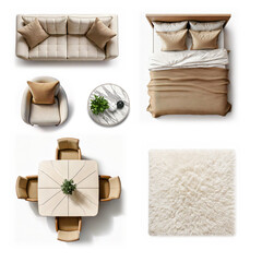 Furniture top view set: beige sofa, bed, armchair, coffee table, dining table, and a fluffy rug. Home floor plan related objects collection isolated on white background. 