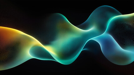 Glowing green cyan light wave patten in black background grainy gradient noise texture poster banner backdrop abstract design