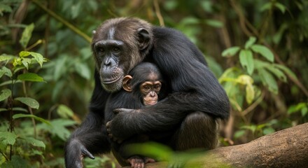 Fototapeta premium Mother chimpanzee cradling her young in the wild