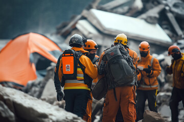 Obraz premium International search and rescue team working together after a natural disaster, collapsed buildings and tents in the background.