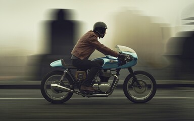 Fototapeta premium Motorcycle Rider on the Open Road: A lone rider cuts through the urban blur, a sense of freedom and adventure radiating from every detail of this dynamic image. The blue motorcycle.