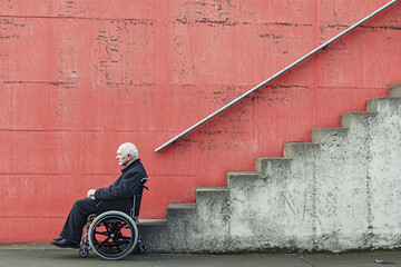 An elderly man in a wheelchair sitting by a red concrete wall near stairs in an urban setting