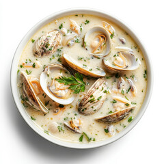A bowl of creamy clam chowder with fresh herbs, isolated on a white background, highlighting a hearty seafood soup