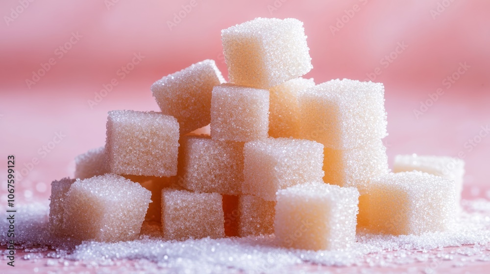 Poster granulated sugar cubes forming a pyramid on a pink surface, symbolizing excessive sugar intake and t