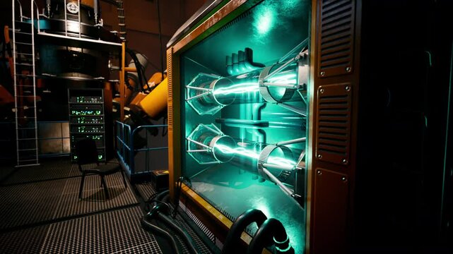 A cutting edge laboratory filled with advanced energy reactors emits a vibrant glow, showcasing intricate technology designed for scientific experimentation and innovation.