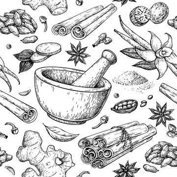 Winter spice seamless pattern, vector drawing. Flavoring seeds and herbs for christmas food and drinks.