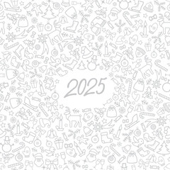Christmas icon holiday background with numbers 2025. Happy New Year Greeting Card . Winter Holiday Doodle calendar background cover with handwritten Lettering 2025