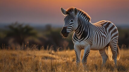 a zebra standing in a golden field at sunset. The zebra's distinctive black and white stripes create a striking pattern against the warm, orange sky.