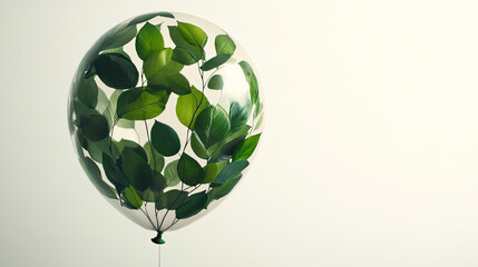 A balloon filled with green leaves on a white background, symbolizing nature and celebration.