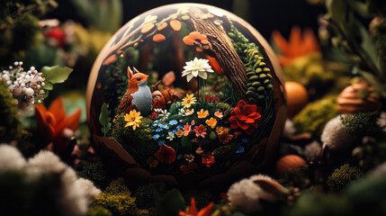 A vibrant diorama featuring a fox amidst colorful flowers and foliage inside a glass sphere.