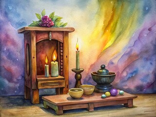 Watercolor illustration of a small altar with a lit candle, plants, and pottery on a wooden platform