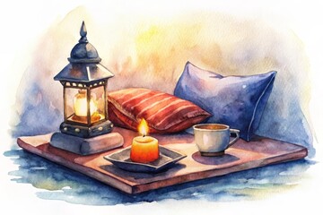 Fototapeta premium Watercolor illustration of cozy bohemian setting with pillows, lantern, and tea, creating a warm, meditative atmosphere