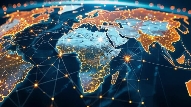 Network lines connecting the globe with glowing dots, creating a technological and futuristic concept about global communications