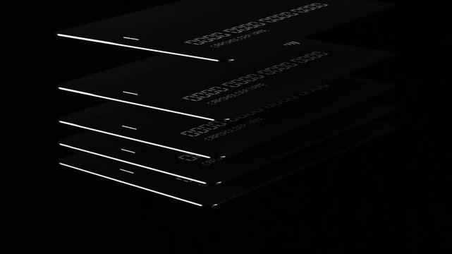 Black platinum 3d credit debit card spinning on dark background. Business financial theme animation, wireless payments, bank technologies pay pass, plastic card spin with chip, 4k minimal mockup