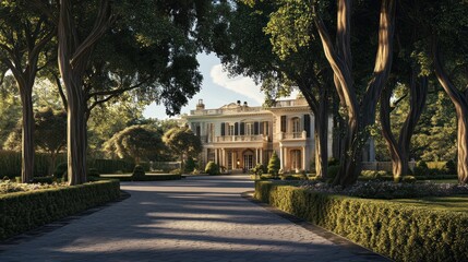 Obraz premium A long driveway lined with trees leads to a grand, white mansion with a manicured lawn and lush greenery.