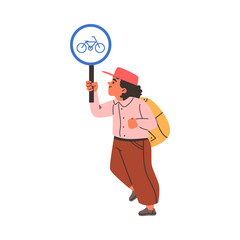 Vector illustration with a little girl holding a bicycle road sign on a white background