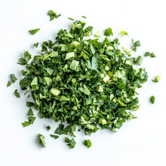 Obraz premium A handful of freshly chopped parsley, isolated on a white background, highlighting a versatile herb