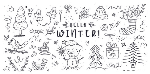 Fir tree, stars, dots, snow,  line drawing,  black symbols. Holiday design elements are isolated on white background. Simple shape conceptfor winter season cards, for  party poster, banner, print. png