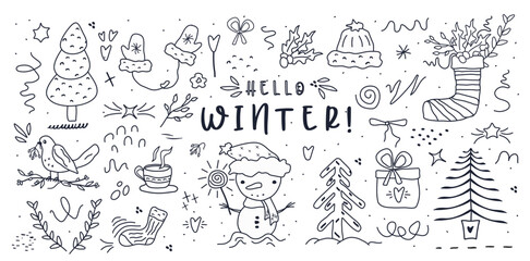 Fir tree, stars, dots, snow,  line drawing,  black symbols. Holiday design elements are isolated on white background. Simple shape conceptfor winter season cards, for  party posters, banner, print. 