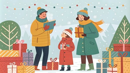 Fototapeta premium Merry Christmas. People in winter with gift illustration