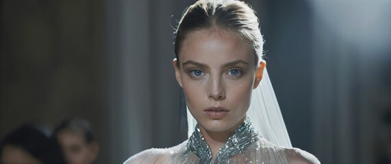 Fashion model with sharp eyes in a closeup draped in a couture dress made entirely of lightemitting fabrics