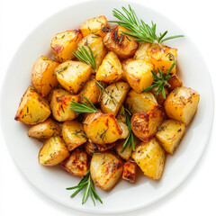 A plate of herb-roasted potatoes, isolated on a white background, emphasizing a savory side dish