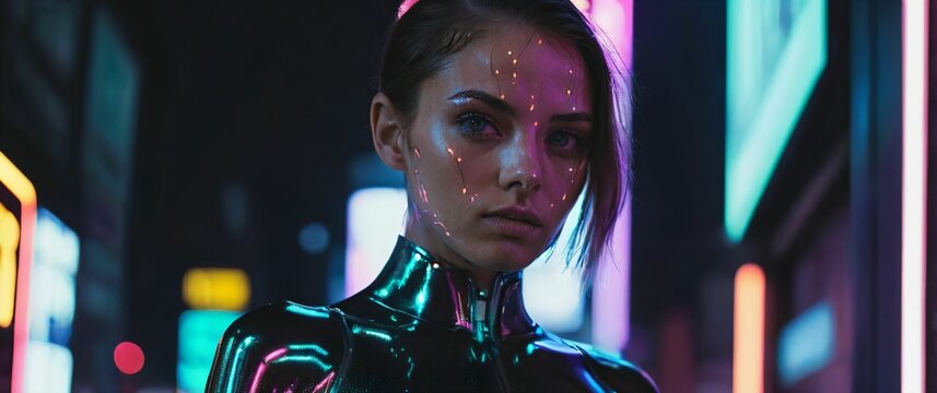 Fashion model with sharp eyes in a closeup standing under a cyberpunk citys neon lights in a metallic bodysuit