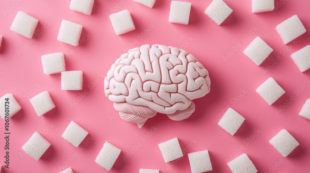 Poster anatomical brain model placed on pink surface surrounded by sugar cubes illustrating the effects of 
