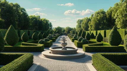 Obraz premium A stone fountain sits in the middle of a manicured garden path, lined with neatly trimmed hedges.