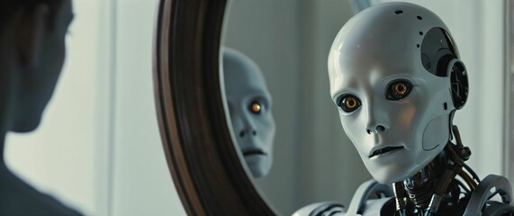 Humanoid robot in a closeup contemplating a mirror its sharp eyes reflecting humanlike curiosity