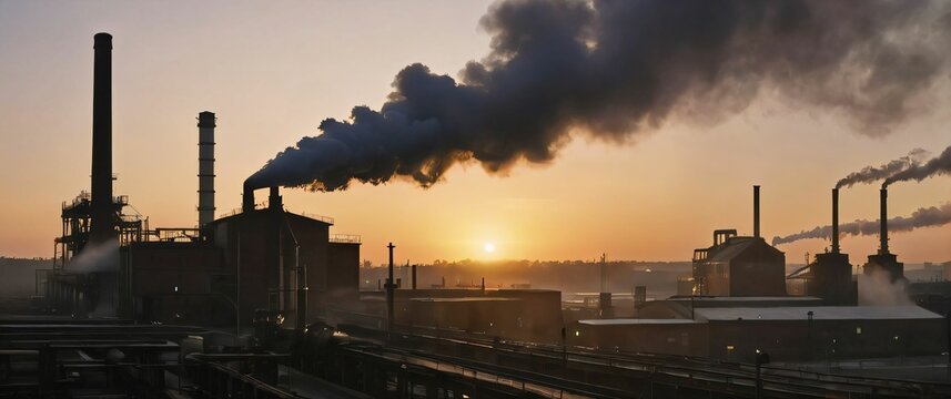 Industrial scene of a factory at sunset with steam rising