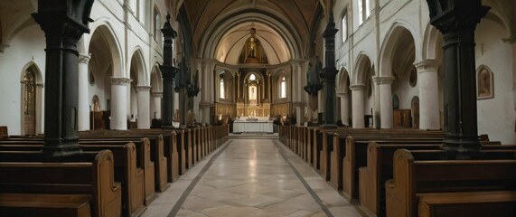 Fototapeta premium Interior of an ancient Catholic church with sharpeyed travelers in a closeup admiring centuriesold architecture