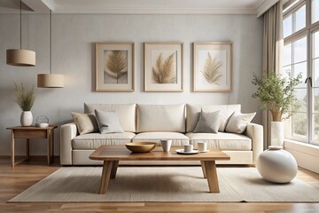 A light beige living room with a light beige couch, wooden coffee table, and framed artwork. Large window with light curtains.