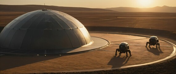 Martian sunset casting long shadows over a futuristic habitat sharpeyed colonists working in an agricultural dome