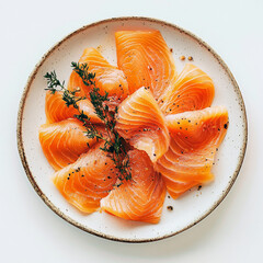 A plate of smoked salmon slices, isolated on a white background, showcasing a rich and savory option