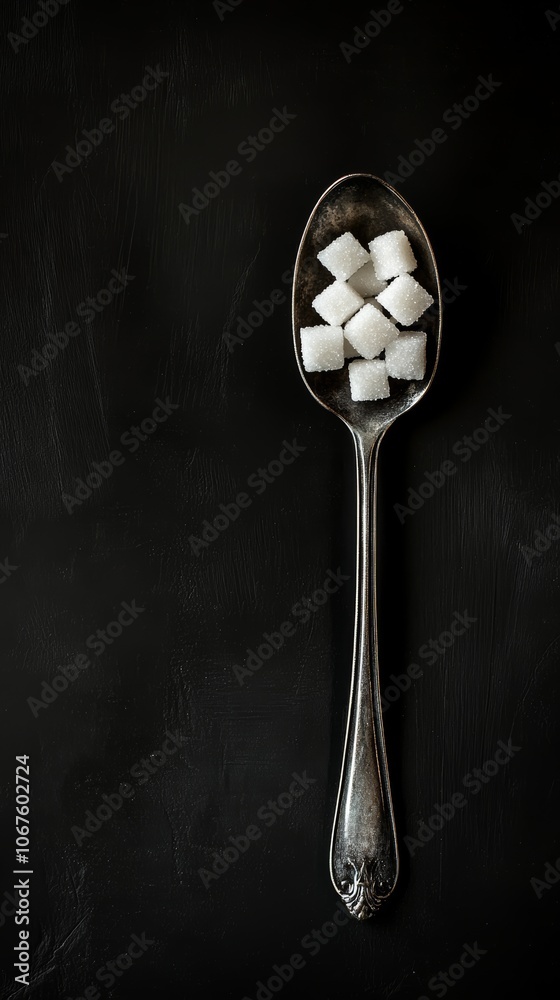 Poster Antique spoon containing sugar cubes rests on a dark backdrop, creating a stark contrast and symbolizing sugar consumption, reduction, and the dangers of excessive intake