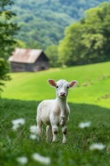 Obraz premium Serene calf standing in lush green meadow with farmhouse in background