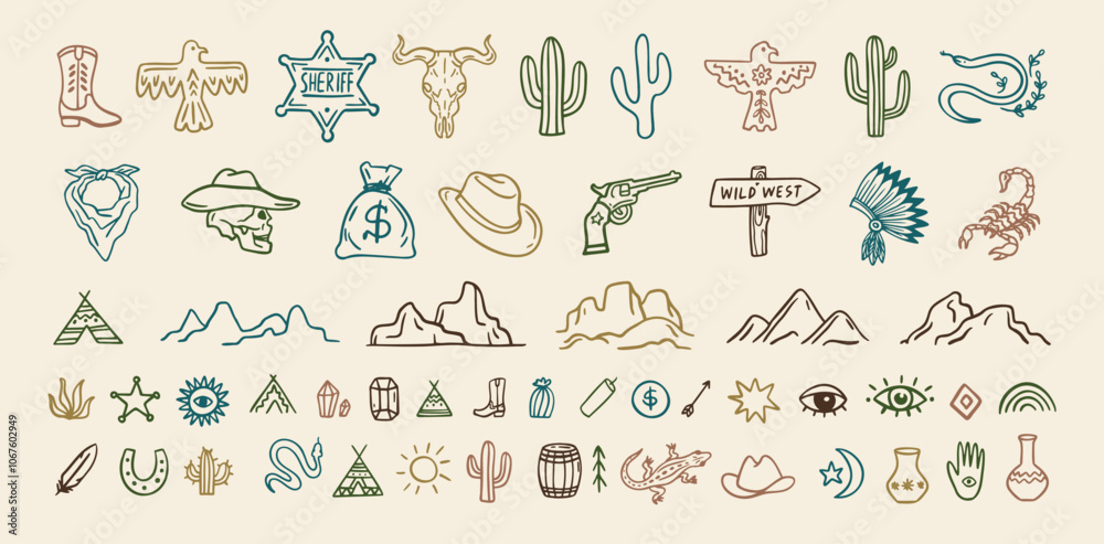 Wall mural Wild west cowboy doodle icon set. Hand drawn boho signs collection. Aztec southwestern elements set.