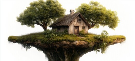 Enchanted fairy treehouse on mossy oak island in serene woodland setting